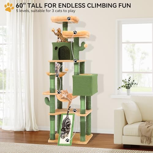 YITAHOME 76in Tall Cactus Cat Tree Tower with Self-Grooming Brush, Cute Cat Climbing Tower for Indoor Cats with Cat Condo, Plush Platform, Hammock, Sisal Scratching Posts, Dangling Ball