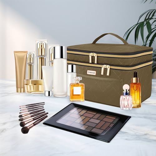 Double Layer Travel Makeup Bag Women, Large Cosmetic Case, Organizer for Travel-Size Accessories Bottles, Brushes, and Skin Care Products (Brown, Double-Layer)
