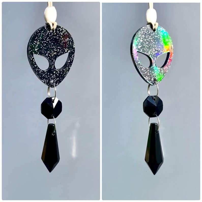 Glow In The Dark Alien Car Charm, Crystal Suncatcher, Auto Rear View Mirror Accessories, New Car Gift, Women Festival Rave Decor, Stoner (Crystal Color - Clear, Alien Style - Glitter)