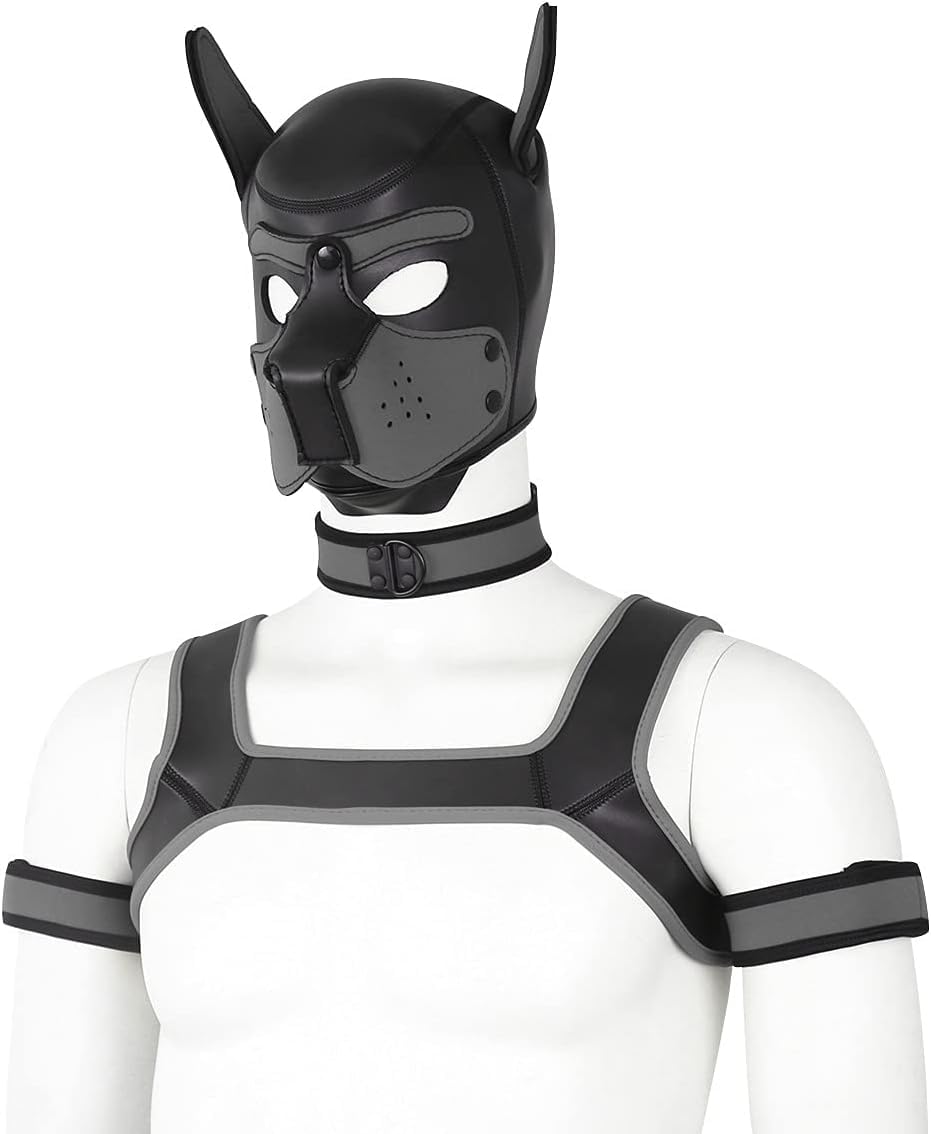 Adults Neoprene Puppy Hood Custom Animal Head Mask Novelty Costume Dog Hood Mask,Collar,Armband and Harness Set (Gray)