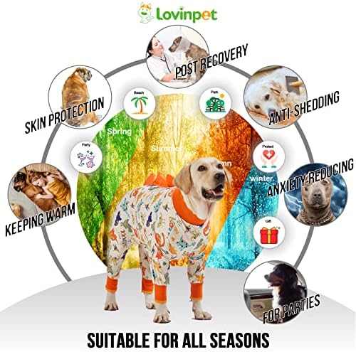 LovinPet Dog Onesie, Large Dog Pajamas, Anti-Licking, Post-Surgery Recovery Clothes, Lightweight Stretch Jersey Knit Jurassic Blue Prints - UV Protection/3XL