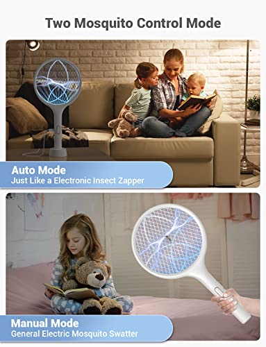 YISSVIC Electric Fly Swatter 4000V Bug Zapper Racket Dual Modes Mosquito Killer with Purple Mosquito Light Rechargeable for Indoor Home Office Backyard Patio Camping (White 2 Pack)