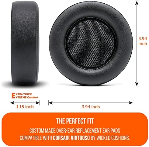 WC Upgraded Replacement Earpads for Corsair Virtuoso Gaming Headset Made by Wicked Cushions | Improved Durability, Thickness, Softer Leather, and Sound Isolation | Black