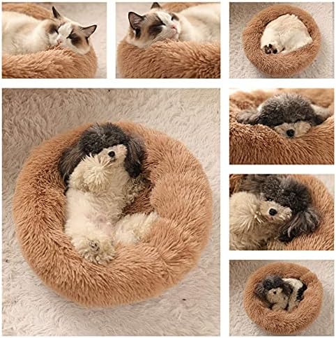 Dog Bed Calming Dog Beds for Small Medium Large Dogs - Round Donut Washable Dog Bed, Anti-Slip Faux Fur Fluffy Donut Cuddler Anxiety Cat Bed(28'' Khaki