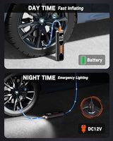 Tire Inflator Portable Air Compressor - 4X Air Pump for Car Tires, 150PSI&10000mAh Portable Tire Inflator for Car, 12DC Air Pump with Pressure Gauge/LED Light, Bike/Motorcycle/Ball/Car Accessories