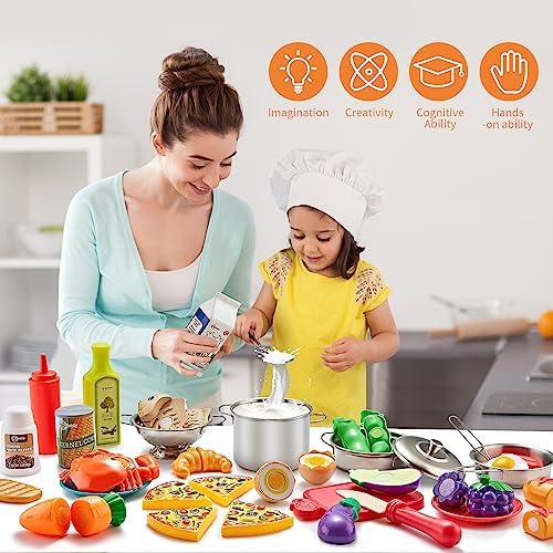 Pretend Play Accessories - 52pc Kids Kitchen Playset with Play Food, Stainless Steel Cookware, Toys Pots and Pans, Toddler Kitchen Set with Cuttable Toy Food - Boys and Girls Gift