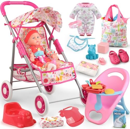 Baby Doll Stroller Set Toys for Girls Toddlers 3-5 4-6 Gifts,Baby Doll Set with 12.5 inch Doll,1 Baby Dining Chair,20 PCS Baby Doll Accessories and 2 Sets Doll Clothes for Realistic Pretend Play