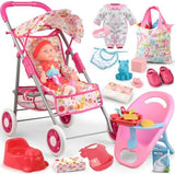 Baby Doll Stroller Set Toys for Girls Toddlers 3-5 4-6 Gifts,Baby Doll Set with 12.5 inch Doll,1 Baby Dining Chair,20 PCS Baby Doll Accessories and 2 Sets Doll Clothes for Realistic Pretend Play