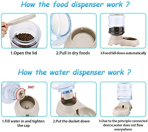 2 Pack Automatic Cat Feeder and Water Dispenser in Set Pet Food Bowl for Small Medium Dog Pets Puppy Kitten Big Capacity 1 Gallon x 2 (Cream)