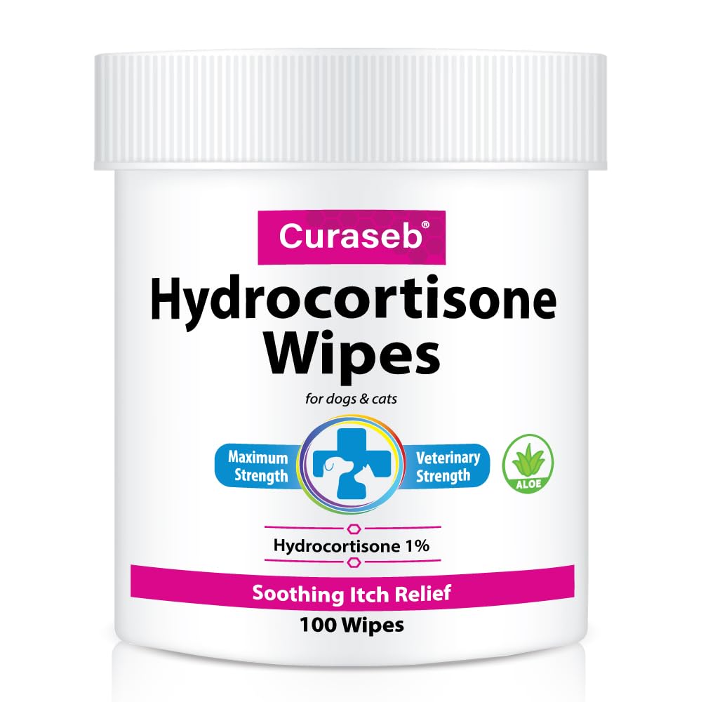 Curaseb Hydrocortisone Wipes for Dogs & Cats – Instant Itch Relief for Hot Spots, Paw Licking, Rashes, Allergies, Bites, Dry Skin – with Soothing Aloe - 100 Wipes