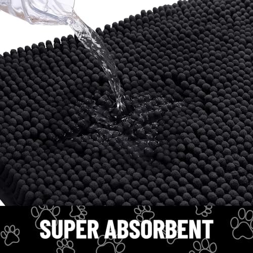 Smiry Dog Door Mat for Muddy Paws, Absorbent Dirt Trapper Non Slip Quick Dry Washable Chenille Mat for Mud Dogs, Entry Rug for Indoor and Outdoor (70x24 Inches, Black)