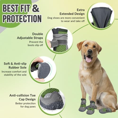 SlowTon Dog Shoes for Large Small Medium Dogs - Breathable Dog Boots for Summer Hot Pavement, Paw Protector for Outdoor Walking Winter Snow, Anti-Slip Rubber Dog Booties for HardFloor (Army Green, 3)