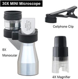 Microscope Accessories Kit - 8X Pocket Monocular Telescope & 30X Mini Metal Silver Microscope