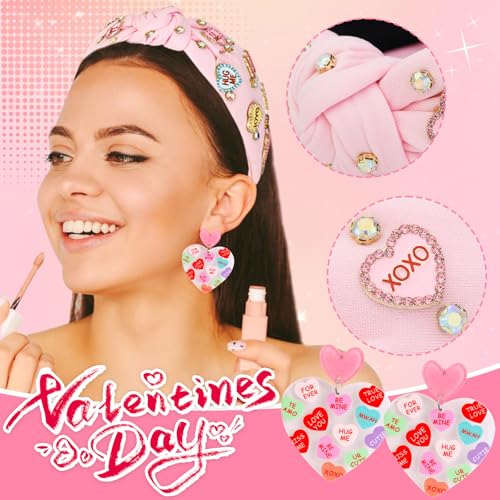 Valentine’s Day Headbands for Women, Valentines Pink Knotted Heart Headband Heart Earrings Crystal Jeweled Wide Top Knot Headband Valentine’s Day Hair Accessories Gifts