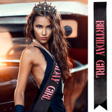 Velscrun Pink-Black Crystal Birthday Tiara Crowns for Women Girls Elegant Princess Crown with Combs Birthday Girl Headband Sash Happy Birthday Party Decorations Birthday Gift Hair Accessories