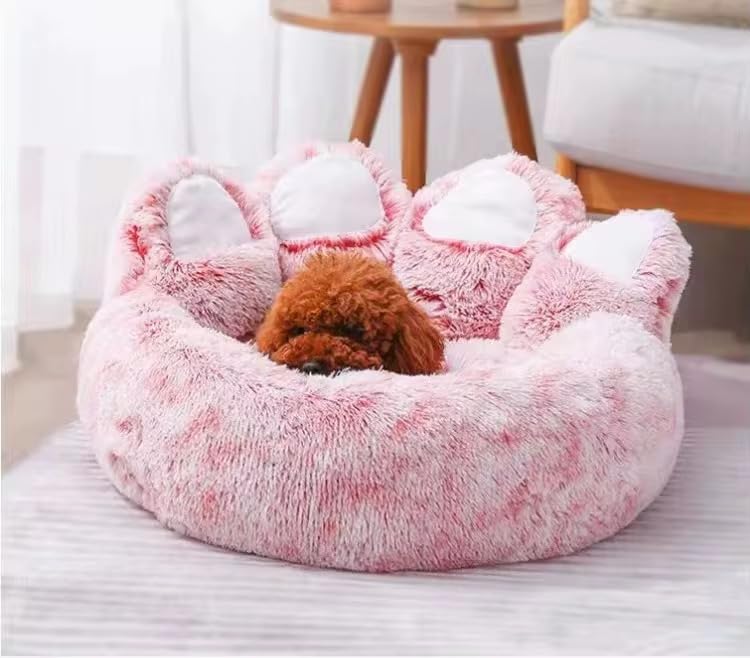 Warm Fluffy Round paw Dog cat Bed Calming, Washable Anti Slip Bottom (Pink, Large)