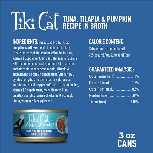 Tiki Cat Aloha Friends, Tuna, Tilapia & Pumpkin, Grain-Free & High Moisture, Wet Cat Food for All Life Stages 3 oz. Cans (Pack of 12)