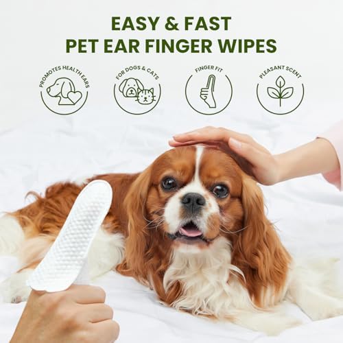 Thicker Dog Ear Cat Ear Cleaner Wipes, Dog Ear Finger Wipes for Dogs & Cats, Natural Relief Dog Ear Cleaning Wipes, Effectively Remove Ear Wax for Dog Kitten, Aloe Scent Deodorizing, 150 Count