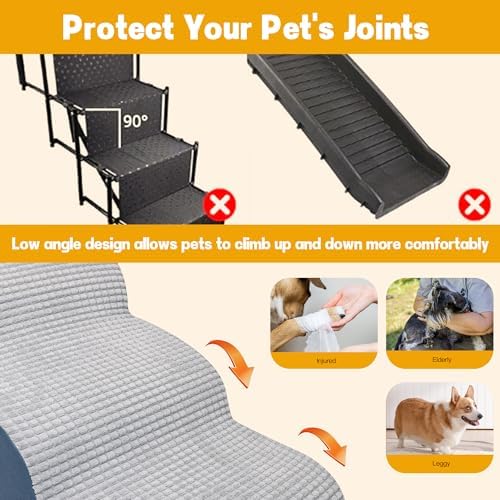 Dog Stairs for Small Dogs, Wide Pet Step with Removable Cover, No Assembly High Density Foam Cat Ramp for Bed or Sofa, 4-Step, Grey