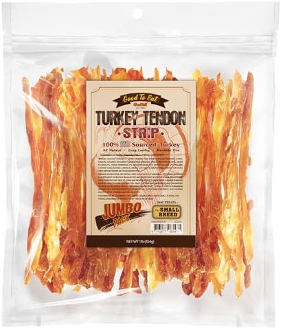 Gootoe Turkey Tendon Dog Treats 1 lb, (Pack of 1) – Strip, 100% USA Sourced Turkey, Natural Snack, Premium Puppy Chews, Hypoallergenic, Rawhide Free, Reseal Value Bag, Size for Small Breeds