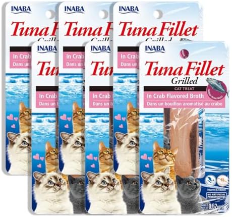 INABA Premium Hand-Cut Grilled Tuna Fillet Cat Treats/Topper with Vitamin E and Green Tea Extract, 0.52 Ounces Each, Pack of 6, Crab Broth