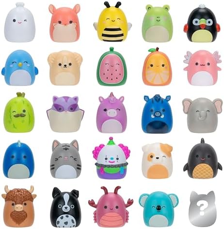 Squish-a-longs 25 Pack - Series 1 - (25) 1” Mini-Squish with 5 Accessories, Ring, and Collector’s Guide - Collect, Trade, & Play