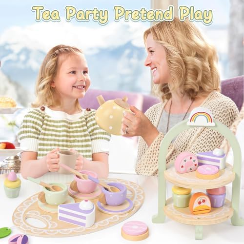 Wooden Tea Party Set for Little Girls Toddler Tea Set with Cupcake Stand & Food Dessert, Play Kitchen Accessories for Toddlers 2 3 4 5 6 Years Old, Wooden Toys Birthday Kids Girls Gifts 3-6