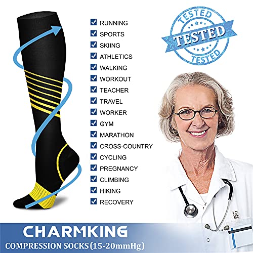 CHARMKING Compression Socks for Women & Men (8 Pairs) 15-20 mmHg Graduated Copper Support Socks are Best for Pregnant, Nurses - Boost Performance, Circulation, Knee High & Wide Calf (L/XL, Multi 34)