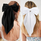 Velscrun Hair Bows for Women Girls 4Pcs White Silky Hair Bow Navy Blue Satin Large Coquette Bow Grey Big Hair Bows Clip Oversized Hair Ribbons Long Tail Black Bow Hair Barrettes Hair Accessories Gifts