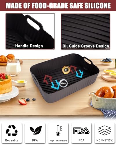 Air Fryer Silicone Liners for Ninja FG551/DG551 Foodi Smart XL 6-in-1 Grill, Rectangle Reusable Airfryer Pot Basket Insert Replacement Tray | Non-stick | Easy Cleaning | Food-Grade Safe | Gray