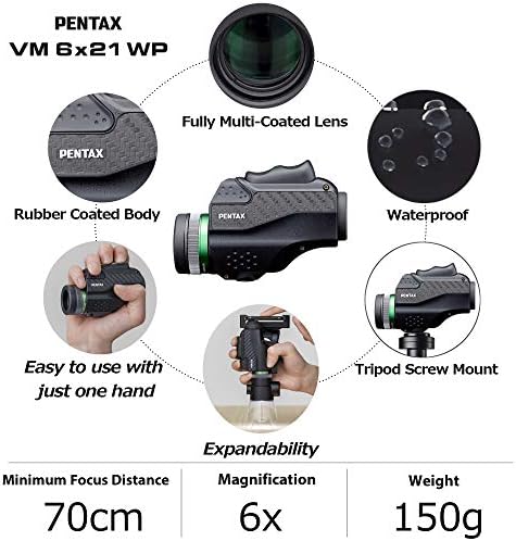 PENTAX Monocular VM 6x21 WP Easy to use with just one hand.Universal design that is ergonomically easy to operate. Bright and clear view with high contrast and excellent optical performance.Waterproof