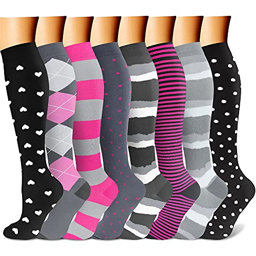 CHARMKING Compression Socks for Women & Men (8 Pairs) 15-20 mmHg Graduated Copper Support Socks are Best for Pregnant, Nurses - Boost Performance, Circulation, Knee High & Wide Calf (S/M, Multi 41)