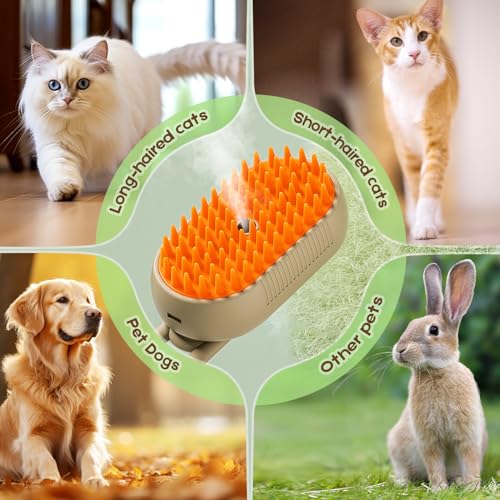 2025 New Comb for Cats Dogs, 3 in 1 Steam Cat Brush Cat Steam Brush for Shedding & Grooming, Self Cleaning 3 in 1 Pet Brush Pet Grooming Brush with Spray (Khaki+White)