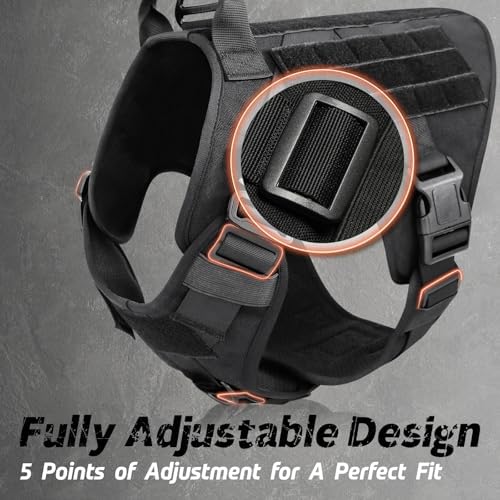 rabbitgoo Tactical Dog Harness for Large, Heavy Duty Pet Harness with Handle, No-Pull Service Vest Large Breed, Adjustable Military Dog Vest for Training Hunting Walking, Black, L