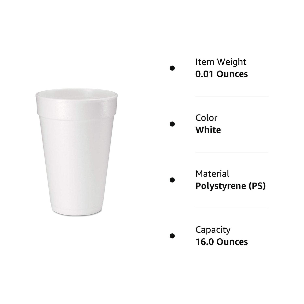 DART 16oz Foam Cups, Case of 500ct, 16J165 & 20J16 3.7" Top and 2.4" Bottom Diameter, 6.1" Height, 20 Oz Big Drink Foam Cup (Case of 500), White