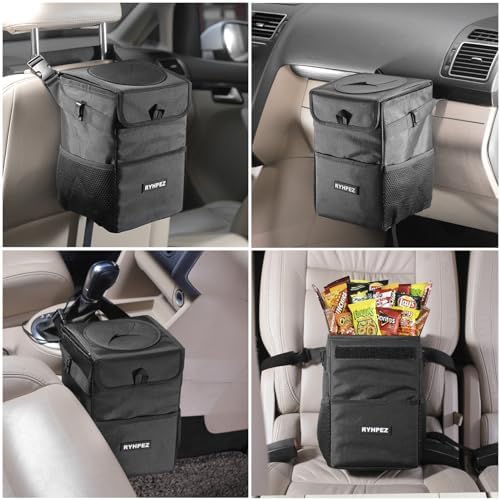 Ryhpez Car Trash Can with Lid - Truck Trash Bin Storage Bag, Automotive Garbage Can Waterproof, Collapsible Interior Car Accessories for Women Men Road Trip Essentials