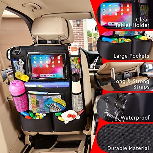 Helteko Backseat Car Organizer, Kick Mats Back Seat Protector with Touch Screen Tablet Holder, Back Seat Organizer for Kids with 9 Storage Pockets, Travel Accessories (2 Pack, Black)