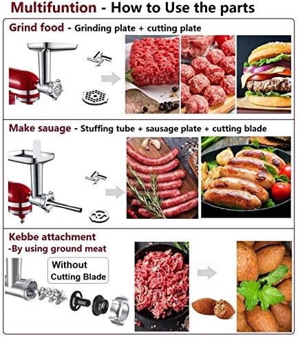 Metal Food Grinder Attachment for KitchenAid Stand Mixers, Meat Grinder for Kitchen Aid Included 3 Sausage Stuffer Tubes, 4 Grinding Plates, 2 Grinding Blades, Kubbe Meat Processor Accessories