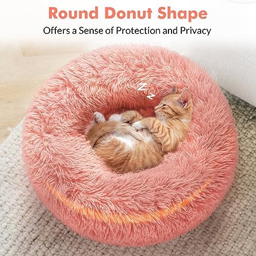 rabbitgoo Cat Beds for Indoor Cats, 20 inches Cat Bed Machine Washable, Fluffy Round Pet Bed Non-Slip, Calming Soft Plush Donut Cuddler Cushion Self Warming for Small Dogs Kittens, Light Pink, Medium
