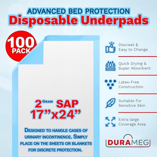 Chucks Pad Disposable Underpads 17x24 | [100 Pack] Incontinence Chux Pads Absorbent 2g SAP Fluff Protective Bed & Pee Pads for Babies, Kids, Adults & Elderly | Puppy Pads Large for Training Leak Proof