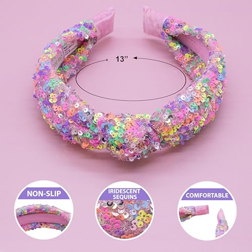 FROG SAC Sequin Knot Headband for Girls, Rainbow Knotted Hair Bands Accessories for Kids, Sparkly Iridescent Little Girl Headbands, Cute Fashion Hairbands for Tweens Stocking Stuffers for Children