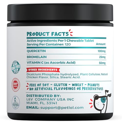 PET LOL Quercetin for Dogs with Bromelain & Vitamin C - Allergy & Itch Relief, Immune & Inflammatory Support - 120 Chewable Tablets Made in USA