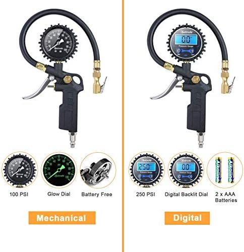 AstroAI Tire Pressure Gauge with Inflator, 100 PSI-ANSI B40.1 Accurate, Large 2.5" Easy Read Glow Dial, Heavy Duty Air Chuck and Compressor Accessories with Rubber Hose and Quick Connect Coupler