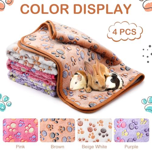4 Pcs Waterproof Guinea Pig Blankets Washable Small Animal Fleece Bedding Absorbent Guinea Pig Cage Liners Reusable Pet Pee Pad Sleep Mat Pad Cover for Hamster Ferret (Paw Print, 28 x 41 Inch)