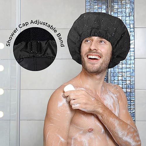 Shower Cap for Men Black Bath Cap, Reversible Terry Lined Large Waterproof Adjustable Shower Caps Elastic Band Stretch Hem Hair Hat for braids