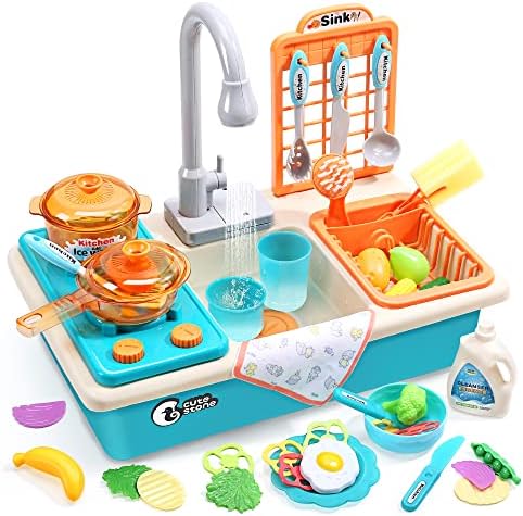 CUTE STONE Play Kitchen Sink Toys with Upgraded Real Faucet, Play Cooking Stove, Cookware Pot and Pan,Play Food, Color Changing Dishes Accessories for Boys Girls Toddlers