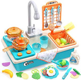 CUTE STONE Play Kitchen Sink Toys with Upgraded Real Faucet, Play Cooking Stove, Cookware Pot and Pan,Play Food, Color Changing Dishes Accessories for Boys Girls Toddlers