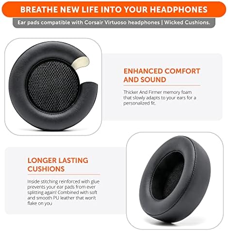 WC Upgraded Replacement Earpads for Corsair Virtuoso Gaming Headset Made by Wicked Cushions | Improved Durability, Thickness, Softer Leather, and Sound Isolation | Black