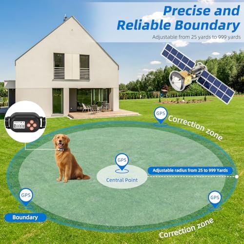 GPS Wireless Dog Fence, Pet Electric Containment System, IPX6 Waterproof/Rechargeable Collar, Beep/Vibration/Shock Correction Mode, for Dogs Over 10 Lbs
