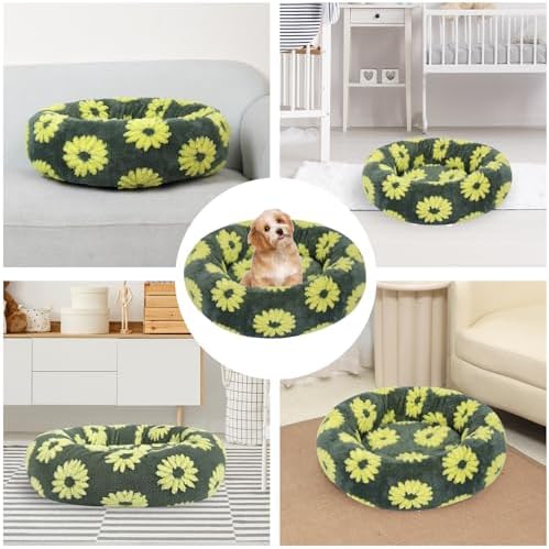 Calming Dog Bed, Fluffy Donut Dog & Cat Bed Washable, Round Anti Anxiety Small Dog Bed with Non-Slip Bottom (Fits up to 15 lbs Pets)